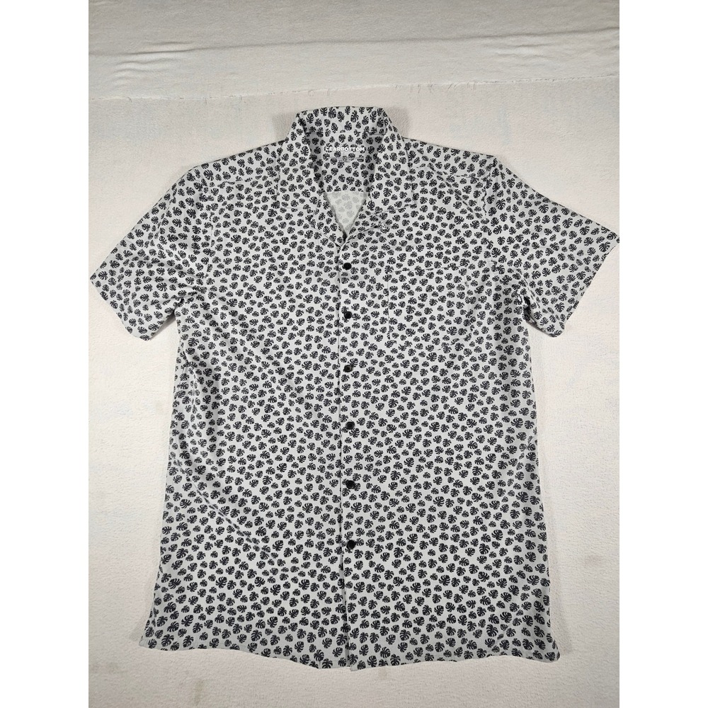 Bearbottom Mens Large Grey Monstera Leaf Print Short Sleeve Button Up Shirt